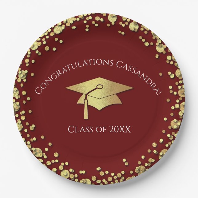 Maroon and Gold Graduation Paper Plate (Front)