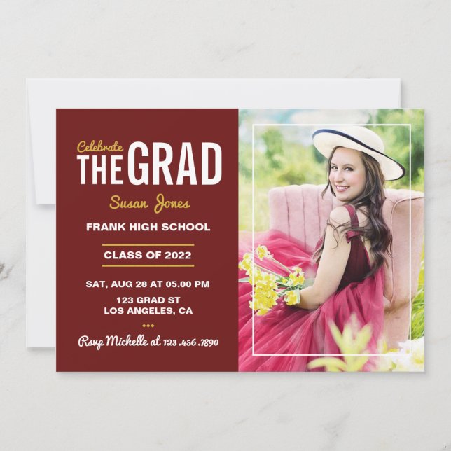 Maroon and Gold Graduation Party Photo Invitation (Front)
