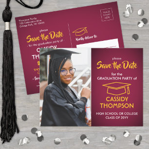 Maroon and Gold Graduation Photo Save the Date Postcard