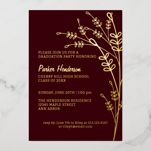 Maroon and Gold Modern Floral Graduation Party (Front)