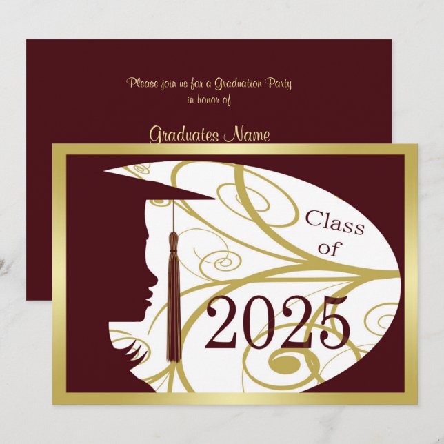 Maroon and Gold Silhouette 2025 Graduation Party Invitation (Front/Back)