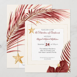Maroon and Gold Tropical Greenery Christmas Party Invitation