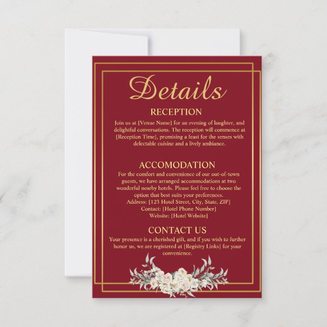 Maroon and Gold Wedding Details Enclosure Card (Front)
