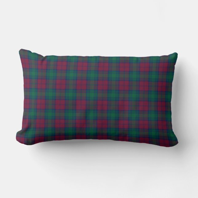 Maroon and Green Lindsay Clan Scottish Plaid Lumbar Cushion (Front)