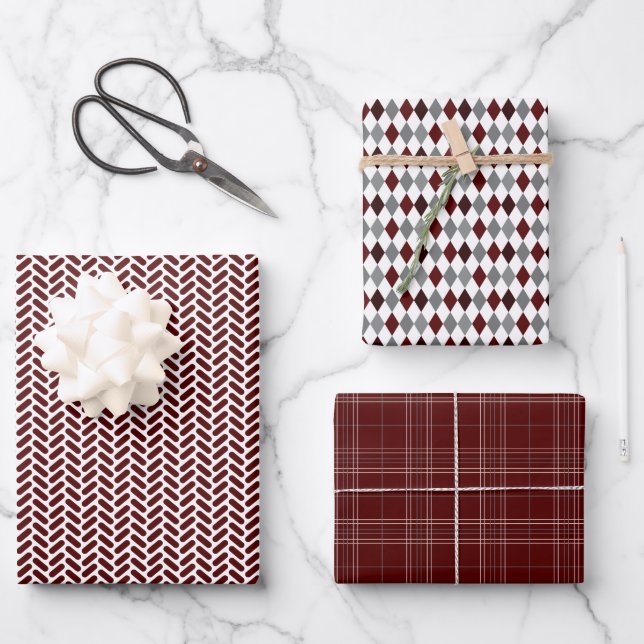 Maroon and Grey Mixed Patterns Wrapping Paper Sheet (Front)
