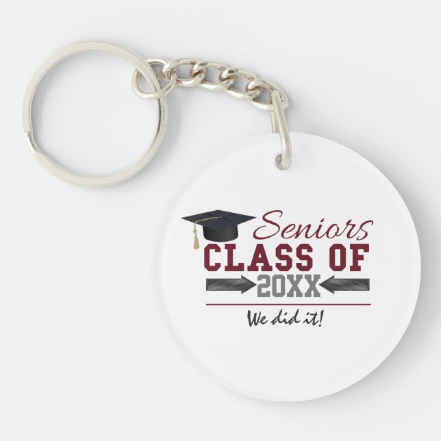 Maroon and Grey Typography Graduation Gear Key Ring (Front)