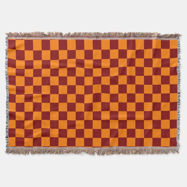 Maroon and Orange Chequered Vintage Throw Blanket (Front)