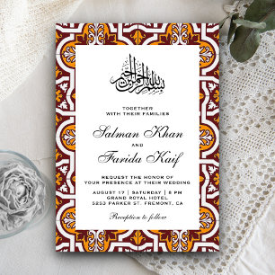 Maroon and Orange Islamic Arabesque Muslim Wedding Invitation