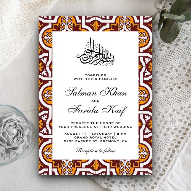 Maroon and Orange Islamic Arabesque Muslim Wedding Invitation (Creator Uploaded)