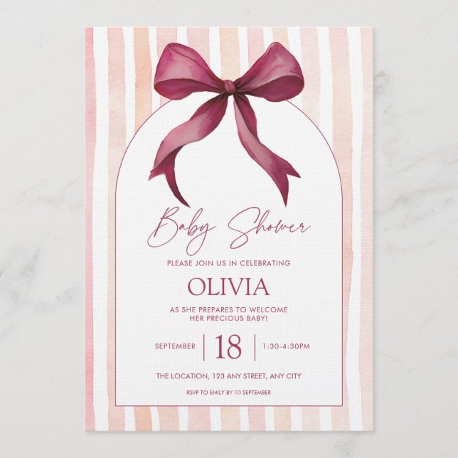 Maroon and Pink Bow Watercolor Baby Shower Invitation (Front)