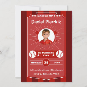 Maroon and Red Baseball 5th Birthday Party Invitation
