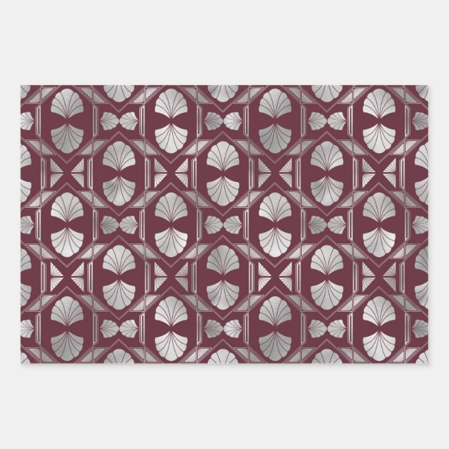 Maroon and Silver Art Deco Shell Pattern Wrapping Paper Sheet (Front)