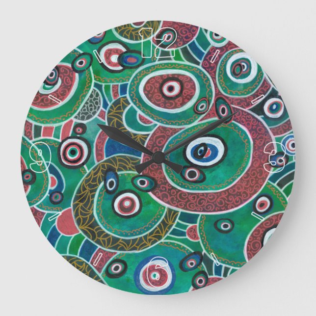 Maroon and Turquoise Circles and Ovals Abstract Large Clock (Front)