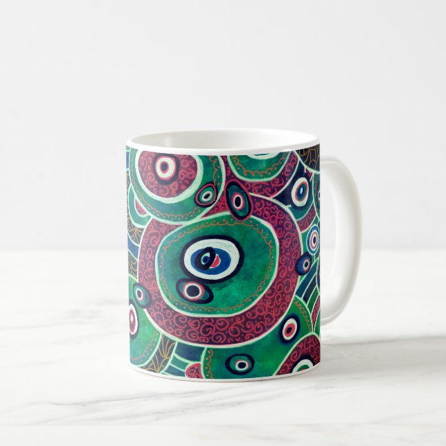 Maroon and Turquoise Circles Ovals Original Art Coffee Mug (Front Right)