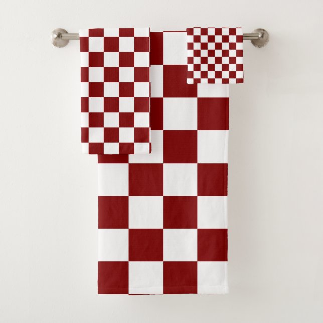 Maroon and White Chequered Vintage Bath Towel Set (Insitu)