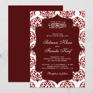 Maroon and White Damask Islamic Muslim Wedding Invitation