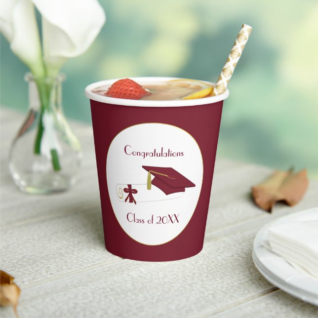 Maroon and White Graduation Party Paper Cups (Insitu)