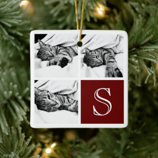 Maroon and White Instagram Photo Collage Monogram Ceramic Ornament