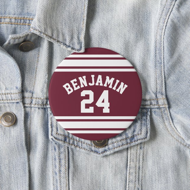 Maroon and White Jersey Stripes Custom Name Number 10 Cm Round Badge (In Situ)