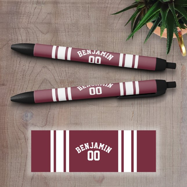 Maroon and White Jersey Stripes Custom Name Number Black Ink Pen (Personalized Writing Pens - add your name, monogram or other text)