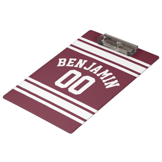 Maroon and White Jersey Stripes Custom Name Number Clipboard (Angled)