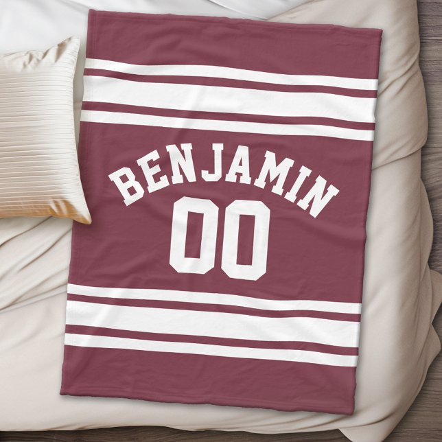 Maroon and White Jersey Stripes Custom Name Number Fleece Blanket (Personalized fleece blanket - Sports Theme)