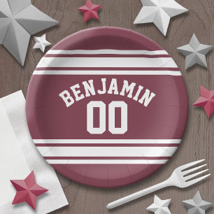 Maroon and White Jersey Stripes Custom Name Number Paper Plate