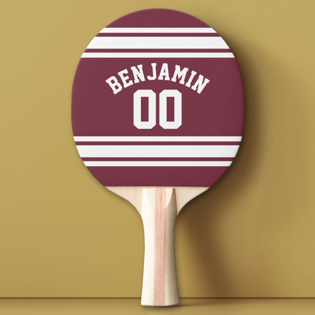 Maroon and White Jersey Stripes Custom Name Number Ping Pong Paddle (Custom Ping Pong Paddle with a Sports Theme)