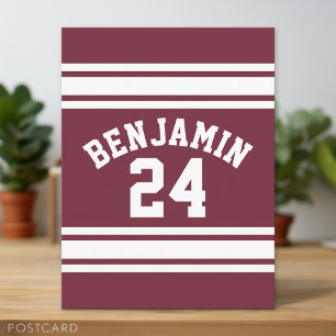 Maroon and White Jersey Stripes Custom Name Number Postcard