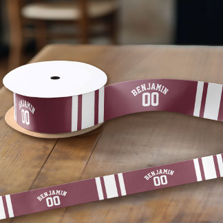 Maroon and White Jersey Stripes Custom Name Number Satin Ribbon
