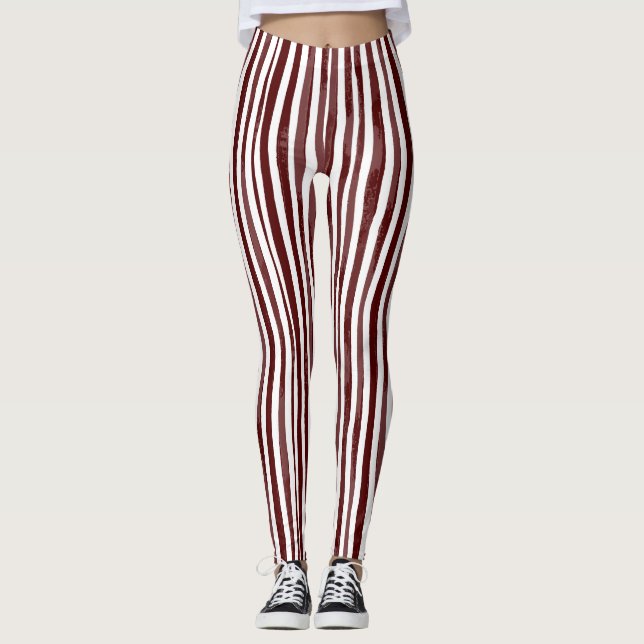 Maroon and White vertical striped Leggings (Front)