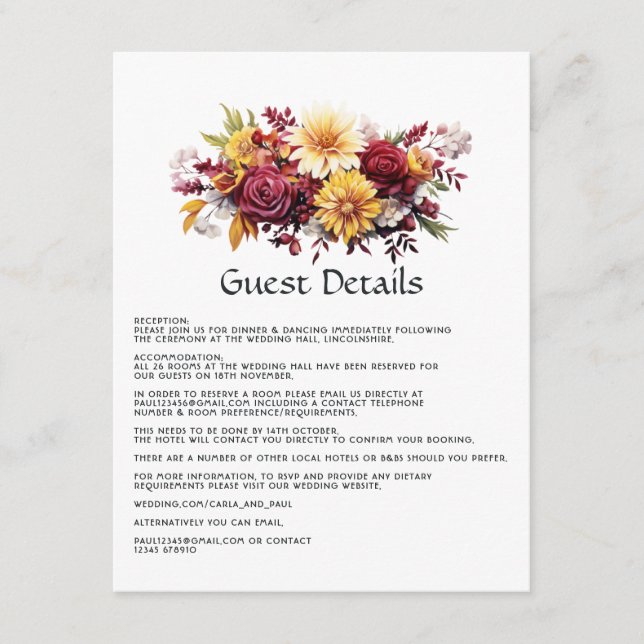 Maroon and Yellow Floral Wedding Guest Details Enclosure Card (Front)