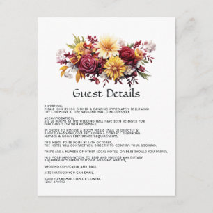 Maroon and Yellow Floral Wedding Guest Details Enclosure Card