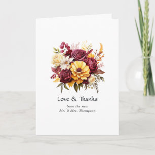 Maroon and Yellow Floral Wedding Thank You Card