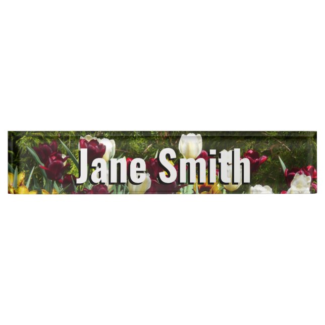 Maroon and Yellow Tulips Colourful Floral Nameplate (Front)