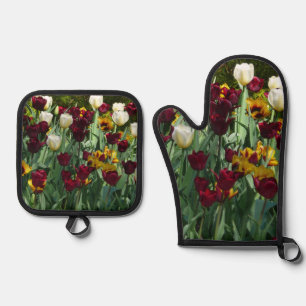 Maroon and Yellow Tulips Colourful Floral Oven Mitt & Pot Holder Set