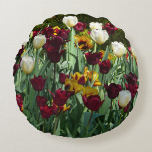 Maroon and Yellow Tulips Colourful Floral Round Cushion