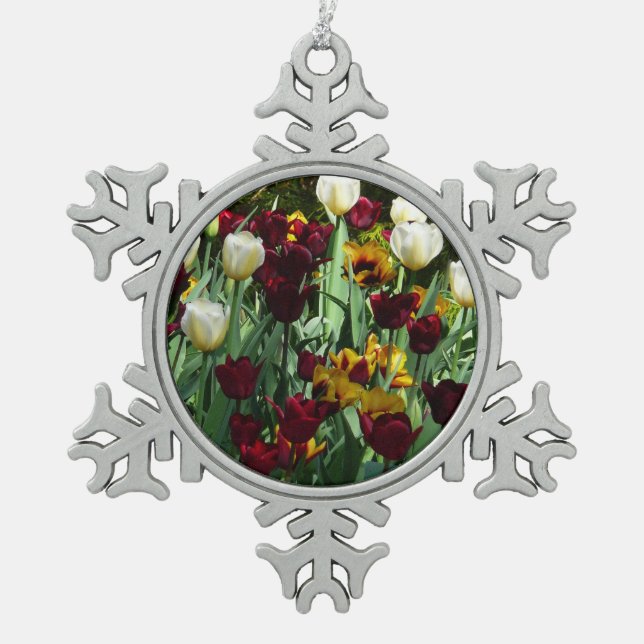 Maroon and Yellow Tulips Colourful Floral Snowflake Pewter Christmas Ornament (Front)
