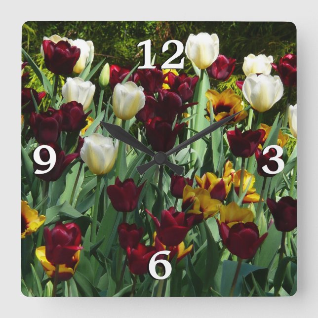 Maroon and Yellow Tulips Colourful Floral Square Wall Clock (Front)