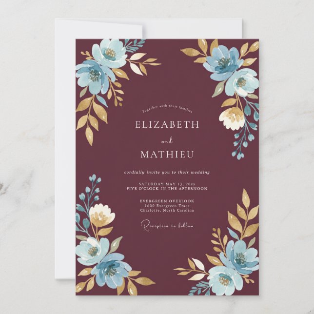 Maroon Aqua Blossom Wedding Invitation (Front)