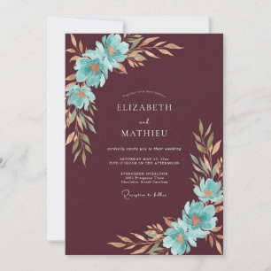 Maroon Aqua Leafy Wedding Invitation