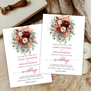 Maroon Autumn Flowers Boho Eucalyptus Wedding Card