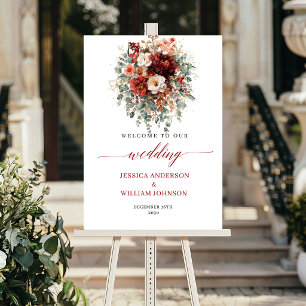 Maroon Autumn Flowers Boho Eucalyptus Wedding Sign