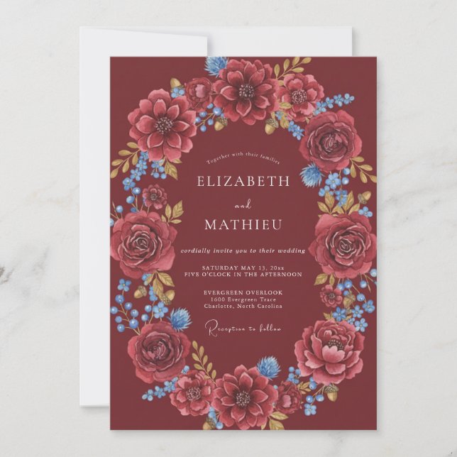 Maroon Azure Dahlia Wedding Invitation (Front)