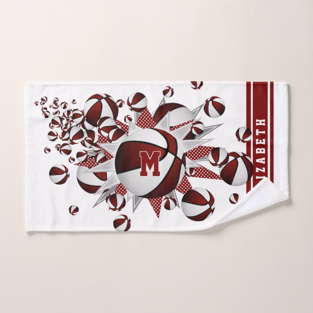 maroon basketballs stars girls monogrammed hand towel (Hand Towel)