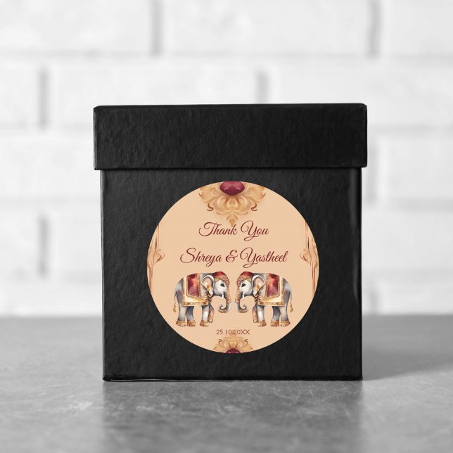 Maroon beige Indian wedding elephants favour Classic Round Sticker (Maroon beige Indian wedding elephants favor Sticker wedding thank you stickers Hindu wedding favors)