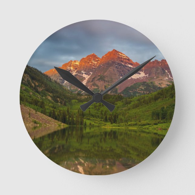 Maroon Bells Reflect Into Calm Maroon Lake 3 Round Clock (Front)