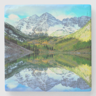 Maroon Bells reflecting in Maroon Lake Stone Coaster