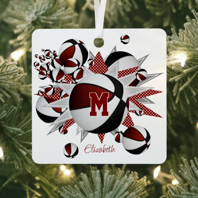 Maroon black basketballs stars personalised  metal tree decoration (Insitu)