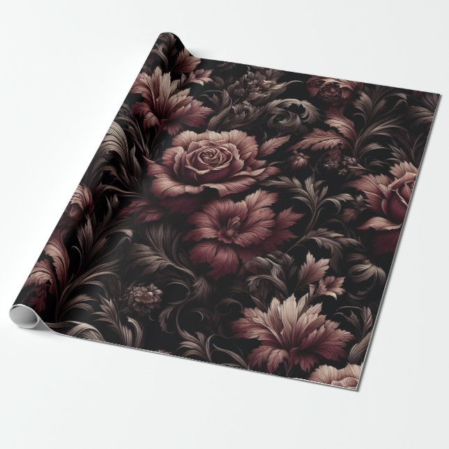 Maroon Black Floral Gift Wrapping Paper  (Unrolled)